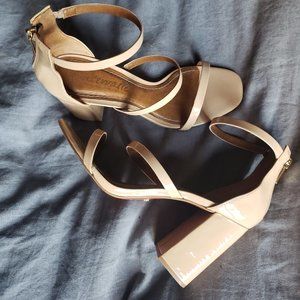 Patent beige block heels